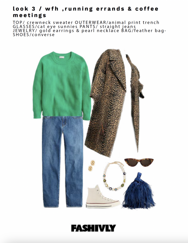 Look 3 from my Fashivly style guide features the same straight leg jeans but now styled with a green crewneck chunky sweater, leopard print overcoat, parchment colored Converse high-tops, a navy feather pouch-style bag from J. Crew, a statement necklace and matching earrings, and the same cat-eye sunglasses from Look 1